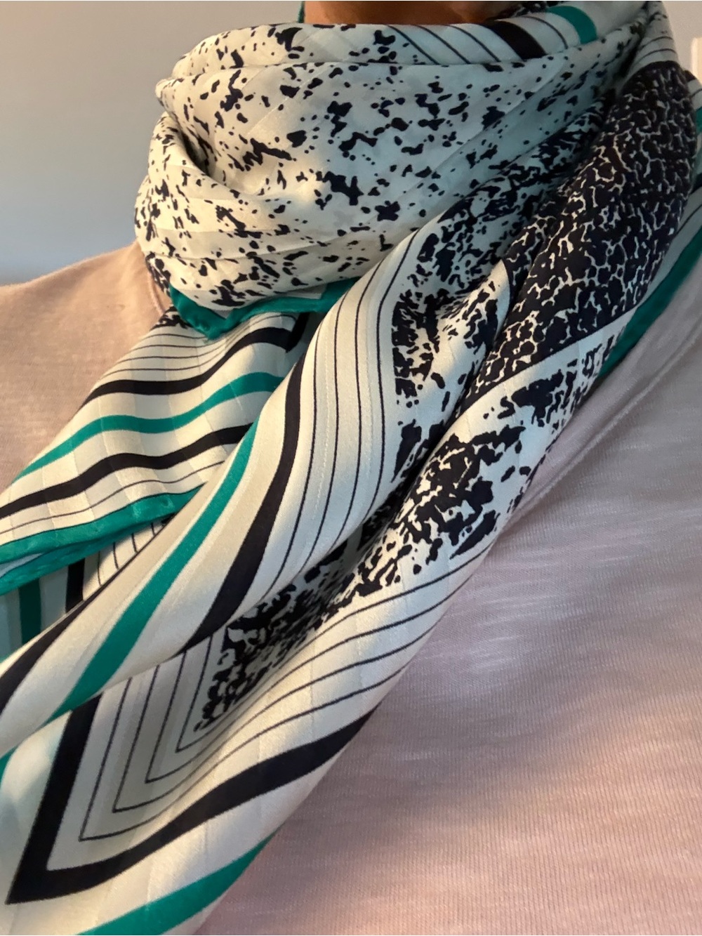Jaeger Silky Printed Scarf in White, Black & Teal - Women Accessories